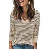 imageArachampampCloz Womens Soft V Neck Long Sleeve Fall Casual Regular Fit Sweater TopsStriped Apricot Black