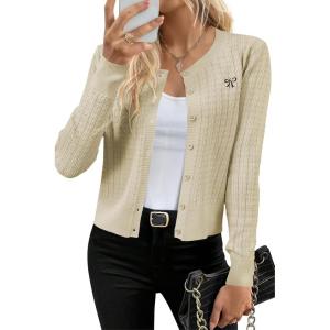 imageArachampampCloz Womens 2025 Summer Lightweight Cardigan Long Sleeve Cable Knit Hollow Out Bow Embroidery TopsBeige