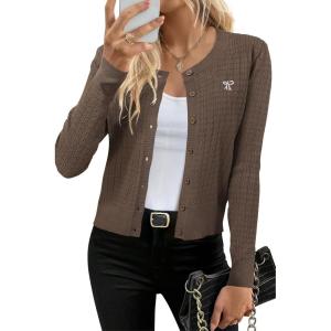 imageArachampampCloz Womens 2025 Summer Lightweight Cardigan Long Sleeve Cable Knit Hollow Out Bow Embroidery TopsBrown