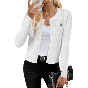 imageArachampampCloz Womens 2025 Summer Lightweight Cardigan Long Sleeve Cable Knit Hollow Out Bow Embroidery TopsOffwhite