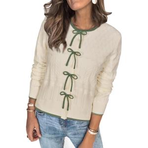 imageArachampampCloz Womens Bow Sweaters Fall Color Block Casual Cardigan Sweaters 2025Offwhiteavocado Green