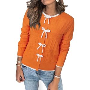 imageArachampampCloz Womens Bow Sweaters Fall Color Block Casual Cardigan Sweaters 2025Orangewhite