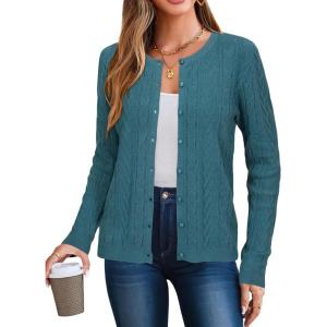 imageArachampampCloz Womens Cable Knit Fall Soft Lightweight Sweater Cardigans 2025Peacock Blue