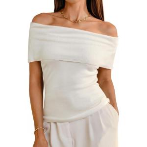imageArachampampCloz Womens Convertible Neckline OffShoulder Cowl Neck Slim Fit Tops 2025White