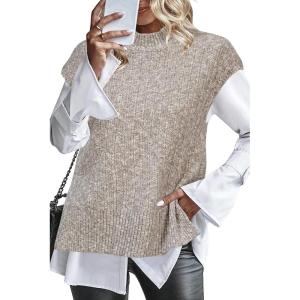 imageArachampampCloz Womens Cotton Blend Cap Sleeve Side Slit Sweater Vest Fall Casual Tops 2025Khaki Grey