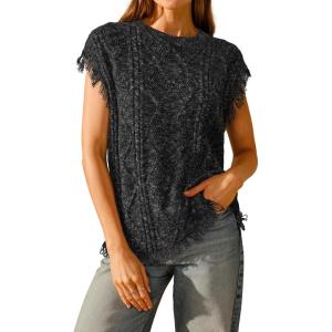 imageArachampampCloz Womens Cozy Cotton Fringe Cable Knit Western Outfits Fall Sweater Vests 2025Black Heather