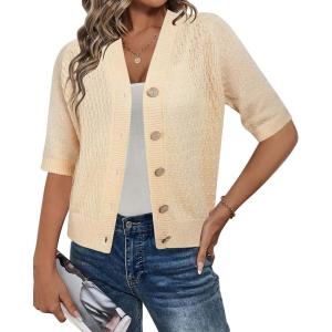 imageArachampampCloz Womens Lightweight Cardigan Short Sleeve Shrugs Button Crochet Knit Fashion Sweaters Tops Cozy CloudsApricot
