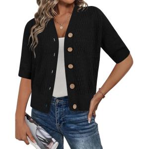 imageArachampampCloz Womens Lightweight Cardigan Short Sleeve Shrugs Button Crochet Knit Fashion Sweaters Tops Cozy CloudsBlack