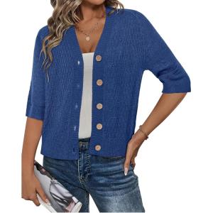 imageArachampampCloz Womens Lightweight Cardigan Short Sleeve Shrugs Button Crochet Knit Fashion Sweaters Tops Cozy CloudsBlue