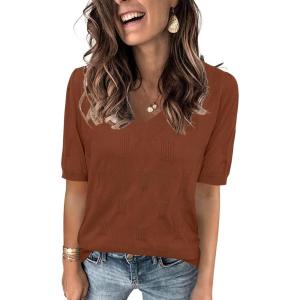 imageArachampampCloz Womens Lightweight Fall Sweater Tops Casual Short Sleeve Blouses ShirtsDark Brown