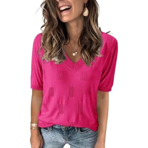 imageArachampampCloz Womens Lightweight Fall Sweater Tops Casual Short Sleeve Blouses ShirtsHot Pink