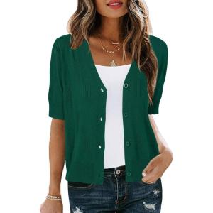 imageArachampampCloz Womens Lightweight Summer Business Casual Cropped Short Sleeve CardiganDark Green