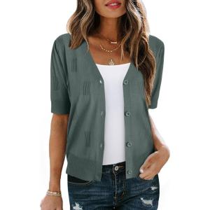 imageArachampampCloz Womens Lightweight Summer Business Casual Cropped Short Sleeve CardiganDusty Emerald