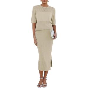 imageArachampampCloz Womens Soft 2 Piece Sets Summer Crochet Top and Midi Slit Skirt Outfits 2025Apricot