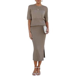 imageArachampampCloz Womens Soft 2 Piece Sets Summer Crochet Top and Midi Slit Skirt Outfits 2025Pale Brown