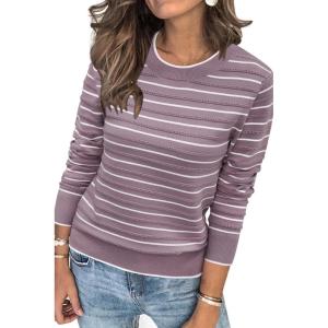 imageArachampampCloz Womens Soft Knit Sweater Fall Dressy Casual Pullover TopsStriped Purple White