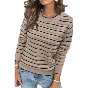 imageArachampampCloz Womens Soft Knit Sweater Fall Dressy Casual Pullover TopsStriped Taupe Black