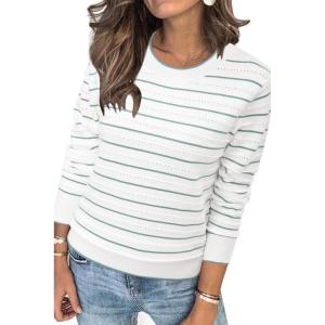 imageArachampampCloz Womens Soft Knit Sweater Fall Dressy Casual Pullover TopsStriped White Green