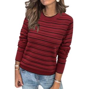 imageArachampampCloz Womens Soft Knit Sweater Fall Dressy Casual Pullover TopsStriped Wine Black