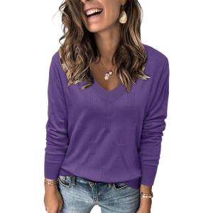 imageArachampampCloz Womens Soft V Neck Long Sleeve Fall Casual Regular Fit Sweater TopsPurple