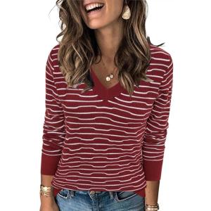 imageArachampampCloz Womens Soft V Neck Long Sleeve Fall Casual Regular Fit Sweater TopsStriped Dark Red White