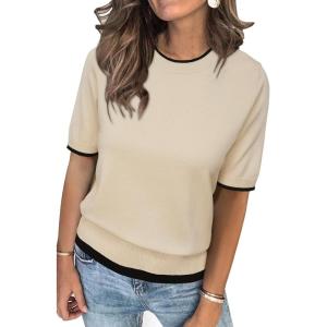 imageArachampampCloz Womens Summer Fall Lightweight Tops Short Sleeve Dressy BlouseApricotblack