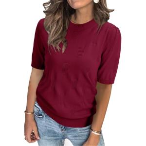 imageArachampampCloz Womens Summer Fall Lightweight Tops Short Sleeve Dressy BlouseBurgundy