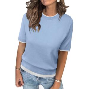 imageArachampampCloz Womens Summer Fall Lightweight Tops Short Sleeve Dressy BlouseLight Bluewhite