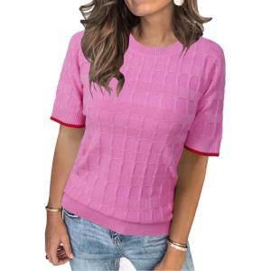 imageArachampampCloz Womens Summer Fall Lightweight Tops Short Sleeve Dressy BlousePink and Red