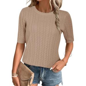 imageArachampampCloz Womens Summer Fall Scalloped Lace Cuff Crewneck Tops Textured ShirtsApricot