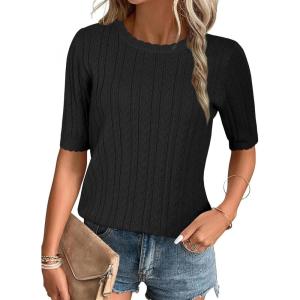imageArachampampCloz Womens Summer Fall Scalloped Lace Cuff Crewneck Tops Textured ShirtsBlack