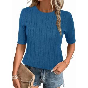 imageArachampampCloz Womens Summer Fall Scalloped Lace Cuff Crewneck Tops Textured ShirtsBlue