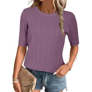 imageArachampampCloz Womens Summer Fall Scalloped Lace Cuff Crewneck Tops Textured ShirtsGray Purple