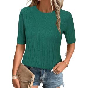 imageArachampampCloz Womens Summer Fall Scalloped Lace Cuff Crewneck Tops Textured ShirtsGreen