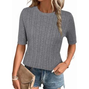 imageArachampampCloz Womens Summer Fall Scalloped Lace Cuff Crewneck Tops Textured ShirtsGrey