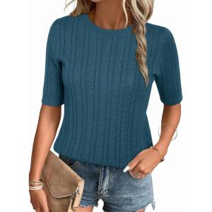 imageArachampampCloz Womens Summer Fall Scalloped Lace Cuff Crewneck Tops Textured ShirtsPeacock Blue