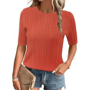 imageArachampampCloz Womens Summer Fall Scalloped Lace Cuff Crewneck Tops Textured ShirtsRust Orange