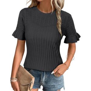 imageArachampampCloz Womens Summer Fall Scalloped Lace Cuff Crewneck Tops Textured ShirtsXblack