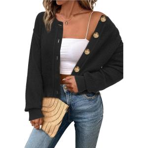imageArachampampCloz Womens Waffle Cropped Cardigan Ultra Stretchy 2025 Spring Soft Chunky Button Business Casual SweatersBlack