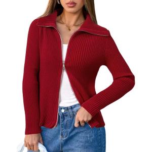 imageArachampampCloz Womens Wool Blend Fall Zip Up Lapel Neck Business Cardigan Sweaters 2025Dark Red