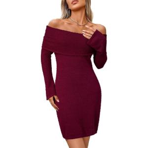 imageArachampampCloz Womens Wool Blend Long Sleeve Off Shoulder Sweater Dresses 2025Burgundy Red