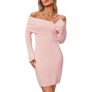 imageArachampampCloz Womens Wool Blend Long Sleeve Off Shoulder Sweater Dresses 2025Pink