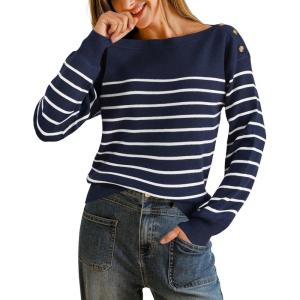 imageArachampampCloz Womens Wool Blend Striped Boat Neck Fall Dressy Casual Sweater Tops 2025Navy Blue and White