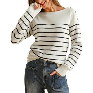 imageArachampampCloz Womens Wool Blend Striped Boat Neck Fall Dressy Casual Sweater Tops 2025Off White and Black