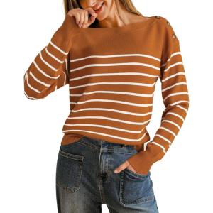 imageArachampampCloz Womens Wool Blend Striped Boat Neck Fall Dressy Casual Sweater Tops 2025Orange and White