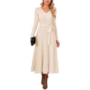 imageArachampampCloz Womens Wool Blend Tie Waist Pleated Fall Sweater Dress 2025Beige