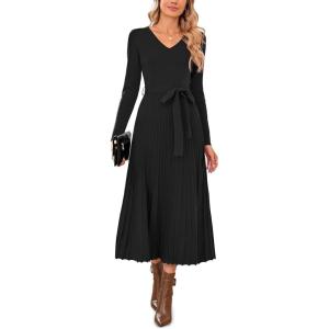 imageArachampampCloz Womens Wool Blend Tie Waist Pleated Fall Sweater Dress 2025Black