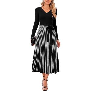 imageArachampampCloz Womens Wool Blend Tie Waist Pleated Fall Sweater Dress 2025Blackwhite Stripe