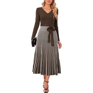 imageArachampampCloz Womens Wool Blend Tie Waist Pleated Fall Sweater Dress 2025Coffeewhite Stripe