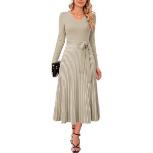imageArachampampCloz Womens Wool Blend Tie Waist Pleated Fall Sweater Dress 2025Khakiwhite Stripe